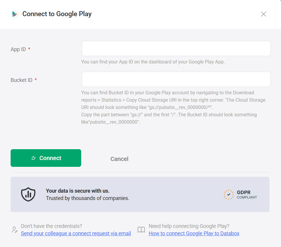 google-play-connection-form-with-app-id-and-bucket-id