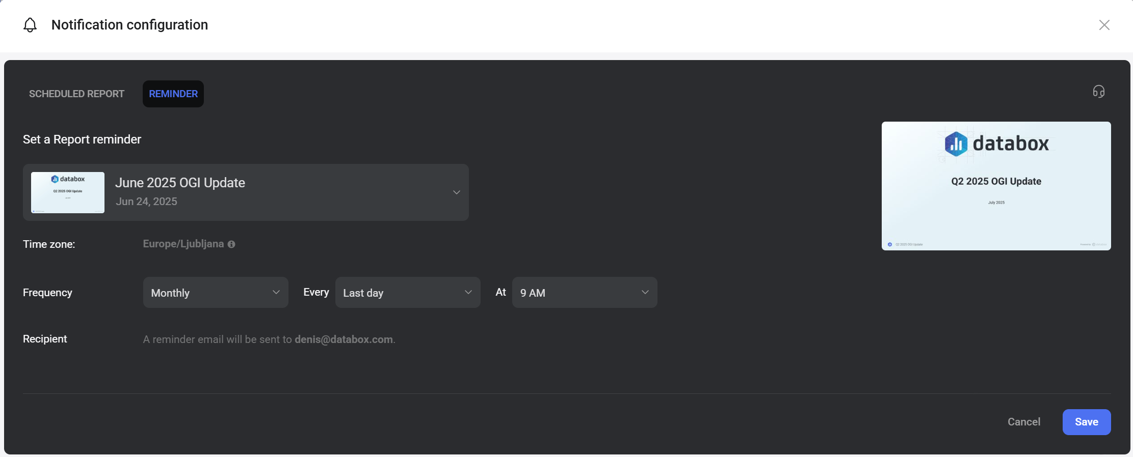 Report reminder notification configuration